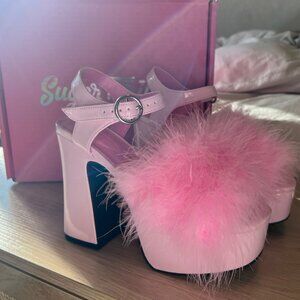Pink Platform Marabou Fluffy Heels
